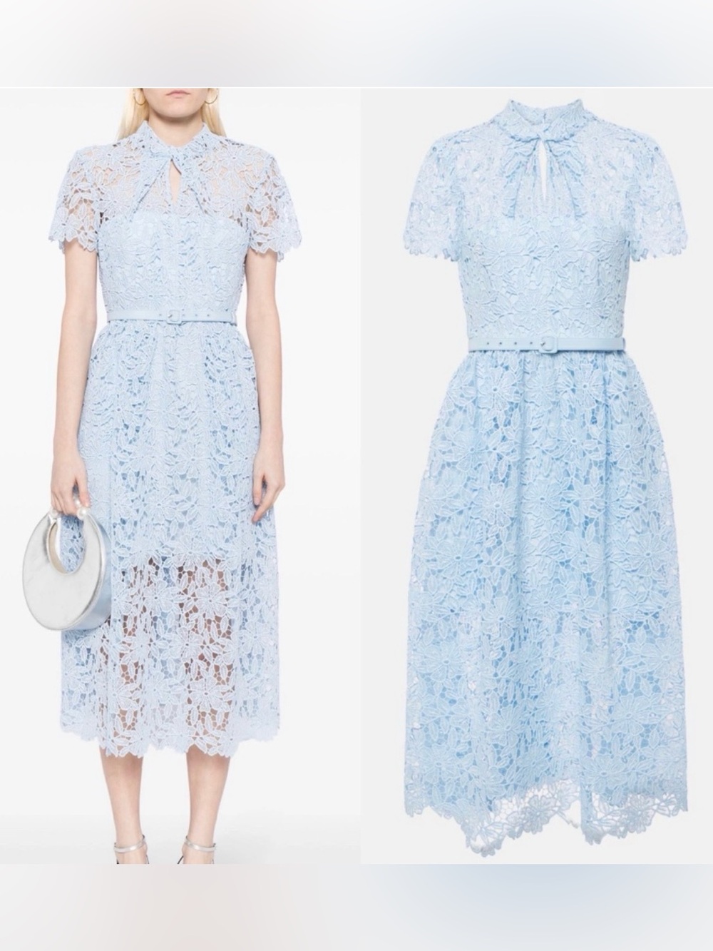 🦋 Self-Portrait Blue Guipure Lace Midi Dress Cape Overlay Belted 🦋